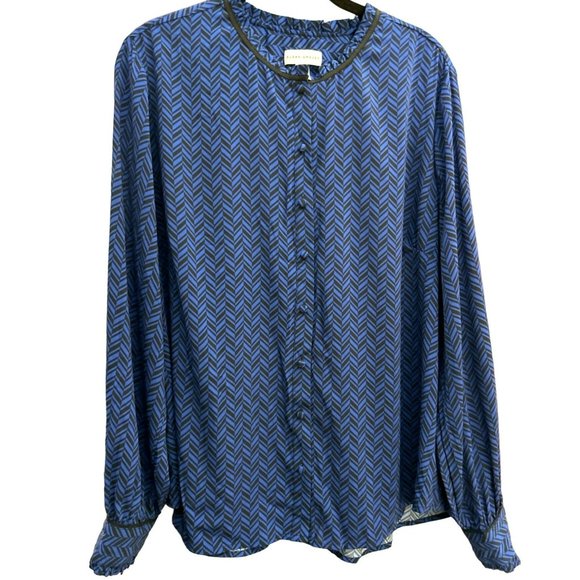 Susan Graver Women's Black Blue Ruffled Collar Blouse Sz 16 Chevron Long Sleeve - Picture 1 of 4